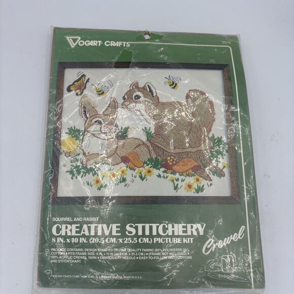 Vintage Vogart Crafts Stitchery Kit Squirrel Rabbit 8x10 Embroidery‎ Yarn - Picture 1 of 3